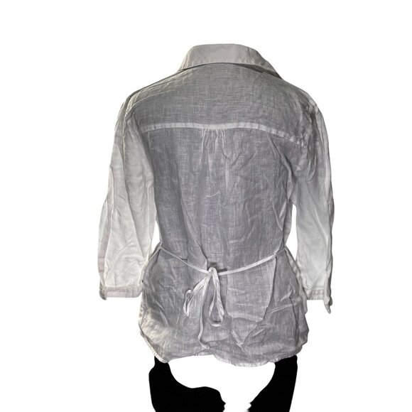 Tracy M. White Linen 3/4 Sleeve Blouse With Ruffle Front & Tie Back - Picture 3 of 10
